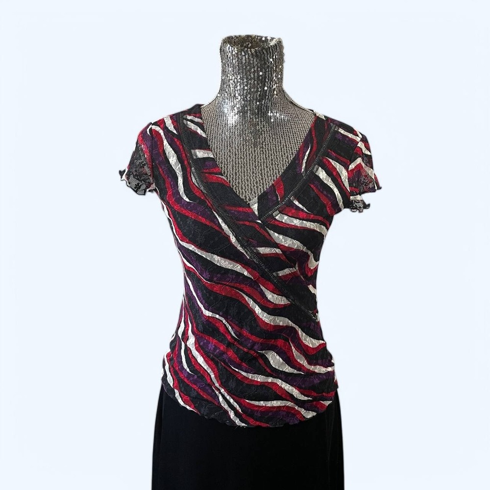 Vintage Y2K Lace Top Small V-Neck Short Sleeve Going‎ Out Party Festival